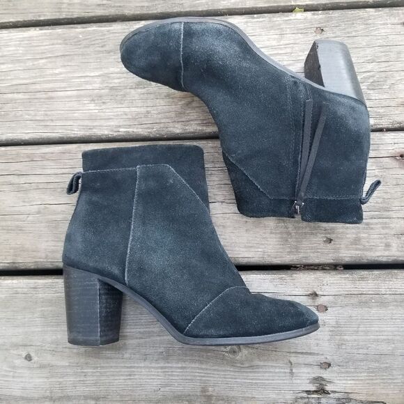 TOMS Lunata Chunky Heeled Black Suede Leather Ankle Boots Booties Woman's 9 - Picture 3 of 11